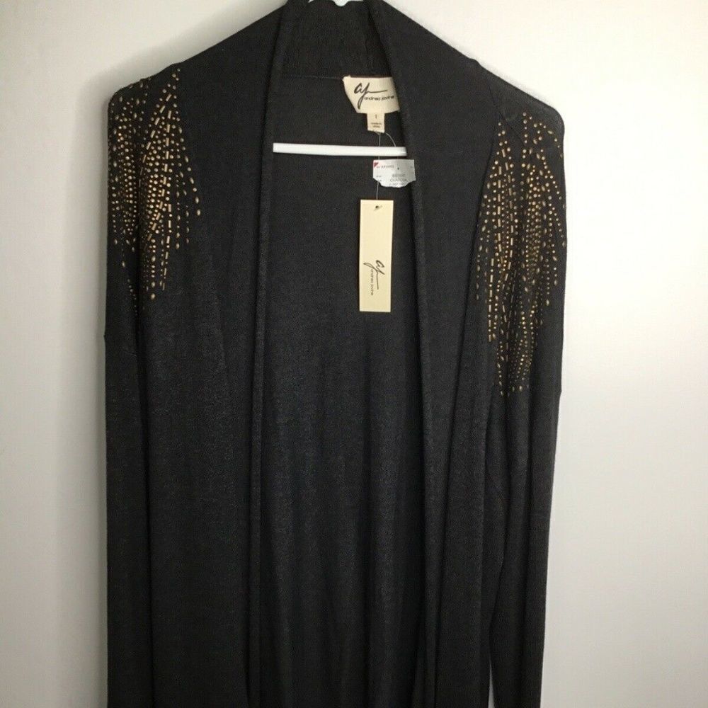 NWT Andrea Jovine Women's Dark Gray Embellishments Open Front Cardigan Size L